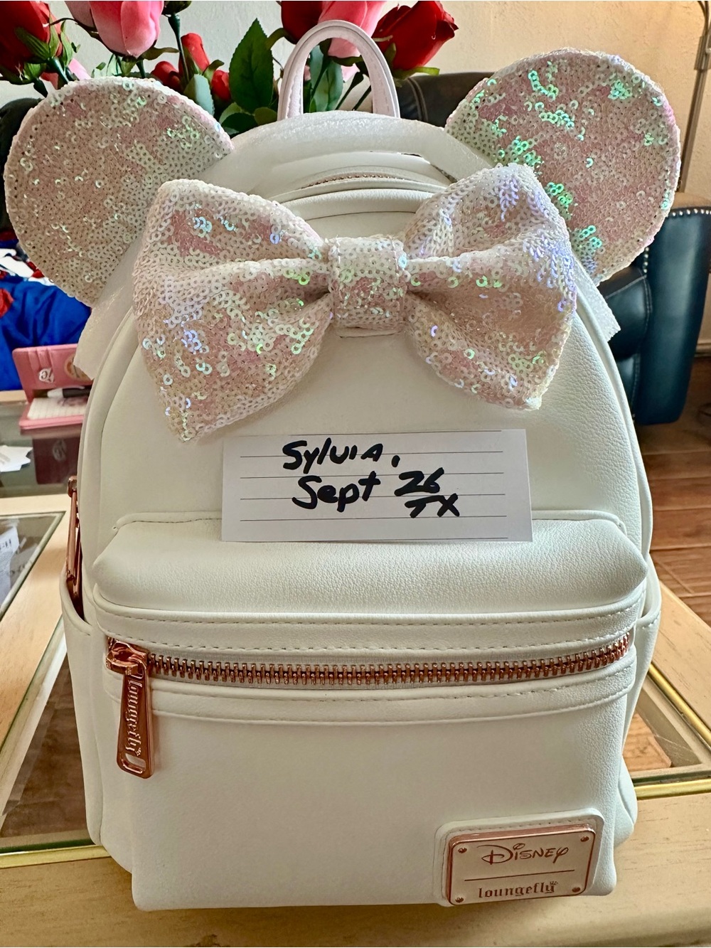 Loungefly Kids White Mini Backpack with Pink Sequin Bow and Ears